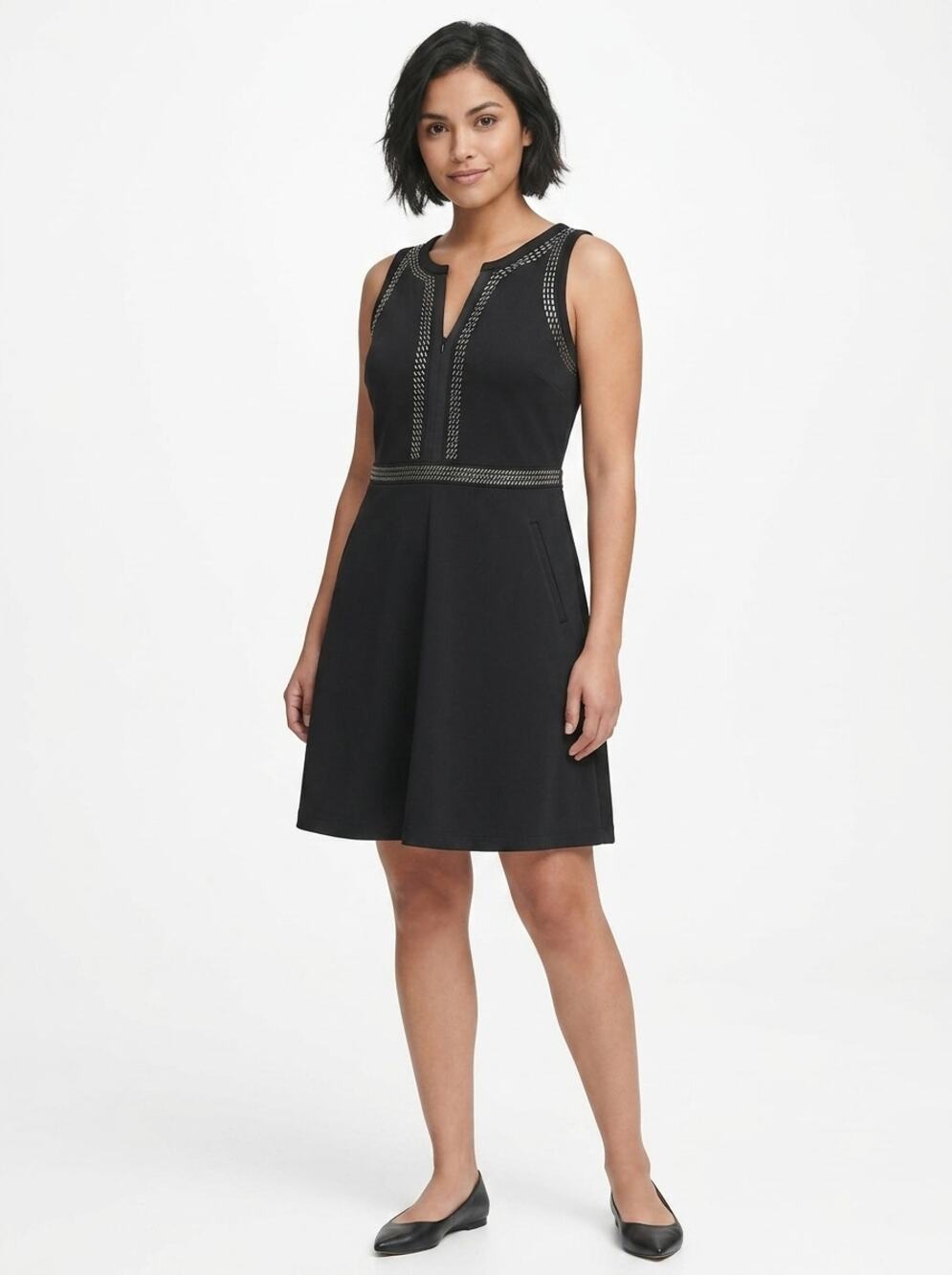 Dkny Black A-Line Knee Length Knit Embroidered Dress Women Size 12